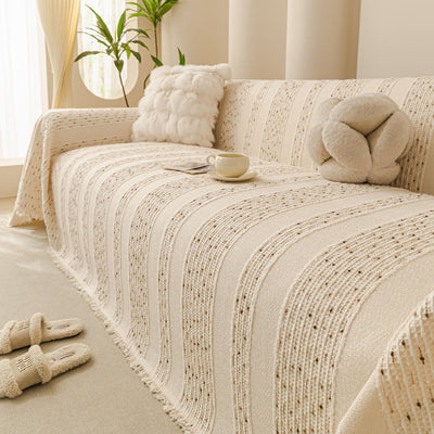9 of 25:Textured Striped Sofa Throw Cover, Soft Woven Couch Protector with Fringe Edges 