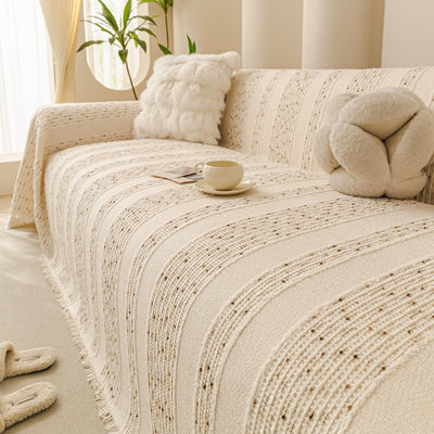 16 of 25:Textured Striped Sofa Throw Cover, Soft Woven Couch Protector with Fringe Edges 