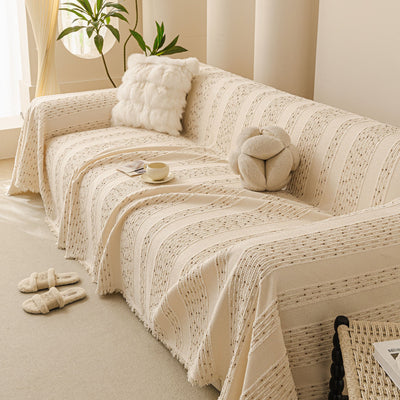 14 of 25:Textured Striped Sofa Throw Cover, Soft Woven Couch Protector with Fringe Edges 