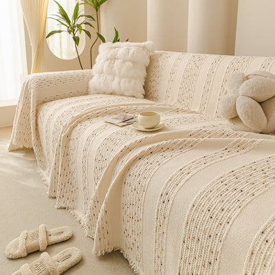 10 of 25:Textured Striped Sofa Throw Cover, Soft Woven Couch Protector with Fringe Edges 