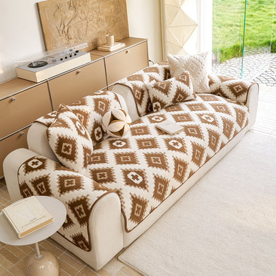 7 of 32:Cozy Thickened Sherpa Sofa Protector, Geometric Non-Slip Couch Cover for Pets & Kids 