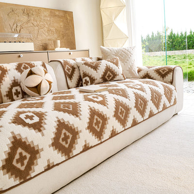 21 of 32:Cozy Thickened Sherpa Sofa Protector, Geometric Non-Slip Couch Cover for Pets & Kids 