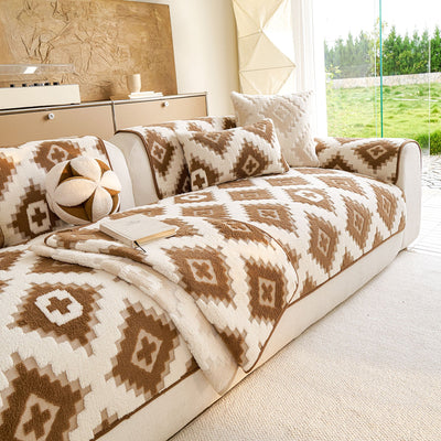 26 of 32:Cozy Thickened Sherpa Sofa Protector, Geometric Non-Slip Couch Cover for Pets & Kids 