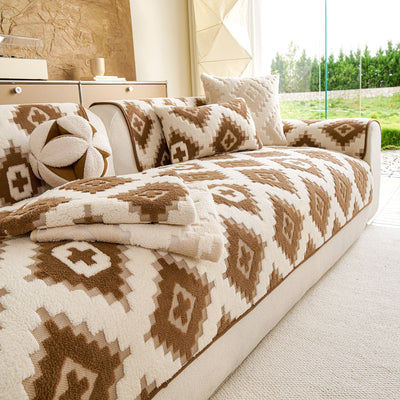 23 of 32:Cozy Thickened Sherpa Sofa Protector, Geometric Non-Slip Couch Cover for Pets & Kids 