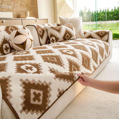19 of 32:Cozy Thickened Sherpa Sofa Protector, Geometric Non-Slip Couch Cover for Pets & Kids 