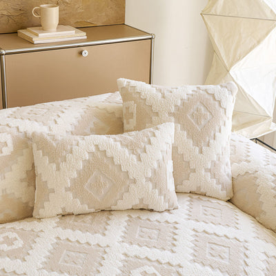 32 of 32:Cozy Thickened Sherpa Sofa Protector, Geometric Non-Slip Couch Cover for Pets & Kids 