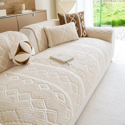 8 of 33:Thickened Plush Sofa Cover, Textured Geometric Couch Protector with Non-Slip Backing 