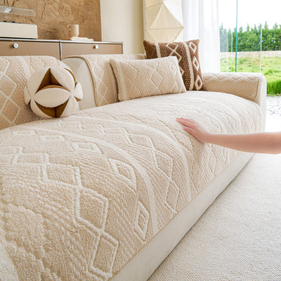 11 of 33:Thickened Plush Sofa Cover, Textured Geometric Couch Protector with Non-Slip Backing 
