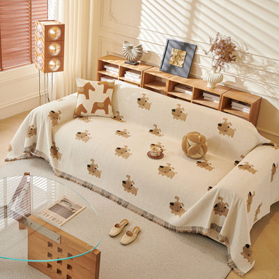 4 of 30:Cute Dog Pattern Chenille Sofa Throw Cover, Textured Woven Furniture Covers for Pets 