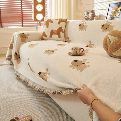 10 of 30:Cute Dog Pattern Chenille Sofa Throw Cover, Textured Woven Furniture Covers for Pets 