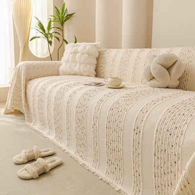1 of 25:Textured Striped Sofa Throw Cover, Soft Woven Couch Protector with Fringe Edges 