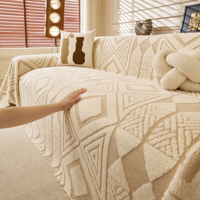 11 of 28:Modern Boho Geometric Plush Sofa Throw Cover, Soft Cozy Textured Slip Cover for Couch 