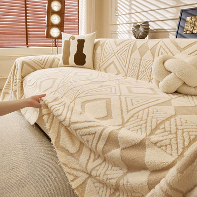 13 of 28:Modern Boho Geometric Plush Sofa Throw Cover, Soft Cozy Textured Slip Cover for Couch 