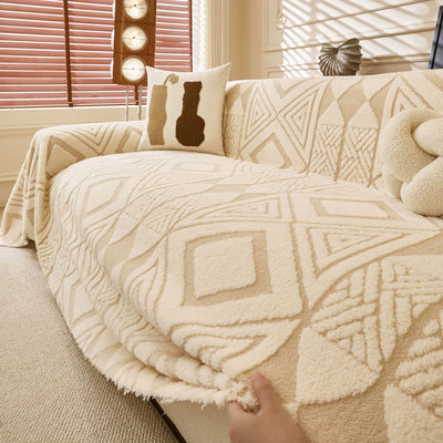 21 of 28:Modern Boho Geometric Plush Sofa Throw Cover, Soft Cozy Textured Slip Cover for Couch 