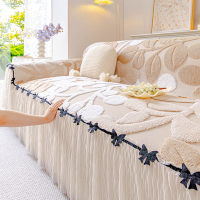 2 of 31:3D Floral Sofa Throw Cover, Soft Plush Couch Protector with Decorative Ruffled Skirt 