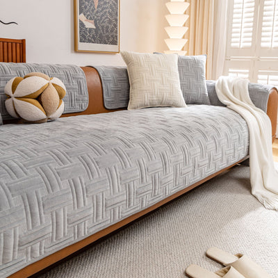 27 of 27:Quilted Velvet Sofa Cover, Thick Padded Couch Protector with Raised Geometric Texture 