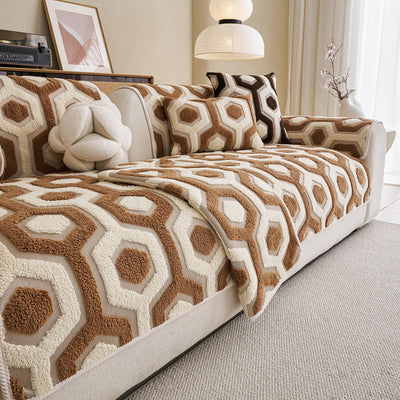 3 of 30:Sherpa Fleece Geometric Sofa Cover, Non-Slip Warm Couch Protector for Pets & Kids 