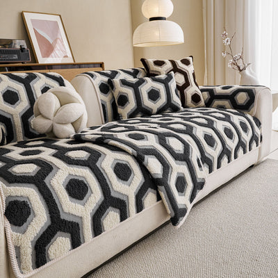 2 of 30:Sherpa Fleece Geometric Sofa Cover, Non-Slip Warm Couch Protector for Pets & Kids 