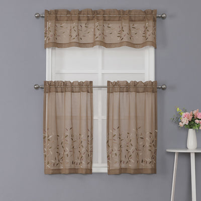 6 of 7:Lucas 3 Piece Leaf Embroidered Kitchen Curtain Set, 56x36 Inches 