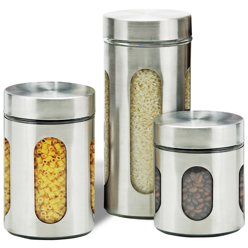 Premius Airtight 3-Piece Kitchen Glass Canister Set, Stainless Steel S ...