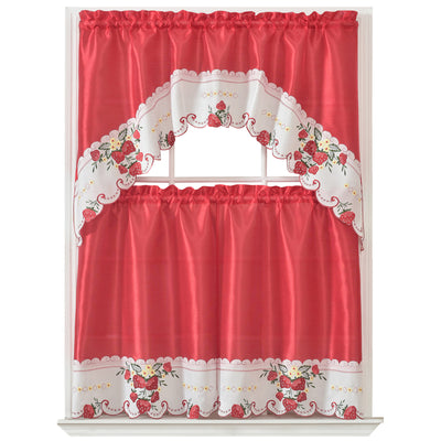 1 of 2:Raha Strawberry Embroidered Kitchen Curtain Set, Red, Waterfall Swag Valance 60x36, Tier 30x36 Inches 