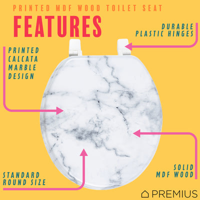 2 of 7:PREMIUS Wood Toilet Seat, White Marble, Standard Round, 17 Inches 