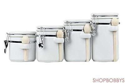 Home Basics 4 Piece Ceramic Canister Set With Spoons, White