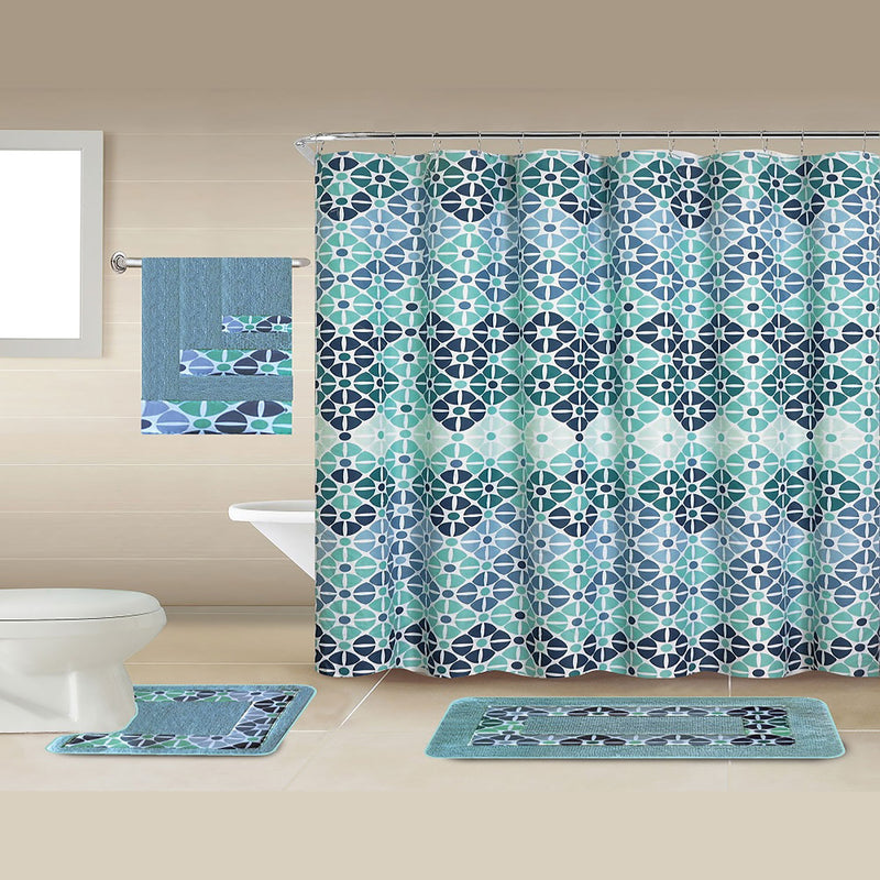 Delia 18 Piece Floral Bath Rug, Shower Curtain and Towel Set, Blue
