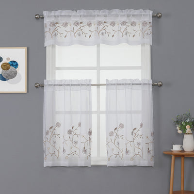 4 of 4:Vivian 3-Piece Floral Embroidered Kitchen Curtain Set With Valance, 60x15 Inches 