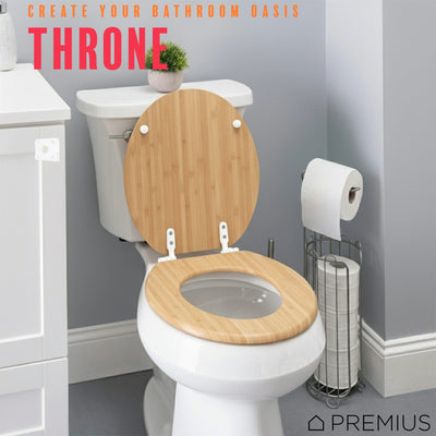 4 of 7:PREMIUS Printed MDF Wood Round Toilet Seat with Plastic Hinges, Oak Wood, Standard 17 Inches 