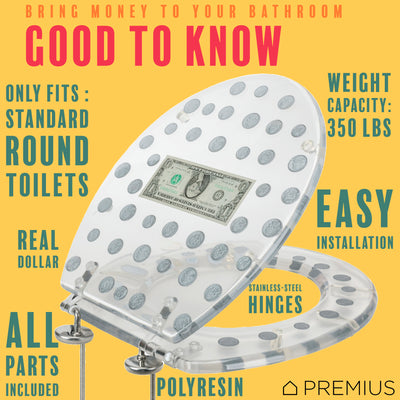 7 of 7:PREMIUS Polyresin Dollar Bill & Coins Money Toilet Seat, Clear, Standard Round, 17 Inches 