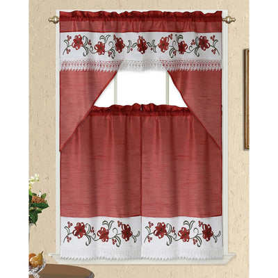 1 of 1:Sunflower 3 Piece Embroidered Kitchen Curtain Set, Coral, Swag 58x36, Tiers 30x36 Inches 