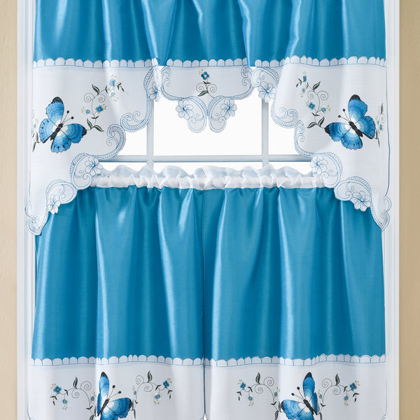 Noor Butterfly Embroidered Kitchen Curtain Set, Blue, Tier 30x36, Vala