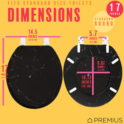 6 of 7:PREMIUS Printed MDF Wood Round Toilet Seat with Plastic Hinges, Black Marble, Standard 17 Inches 