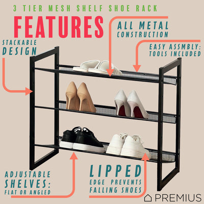 2 of 7:PREMIUS 3 Layer Metal Mesh Shelf Shoe Rack, Black, 29x12x16.5 Inches 