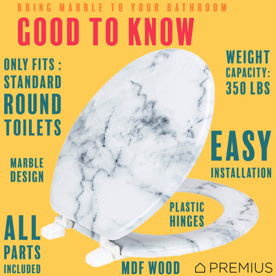 7 of 7:PREMIUS Wood Toilet Seat, White Marble, Standard Round, 17 Inches 