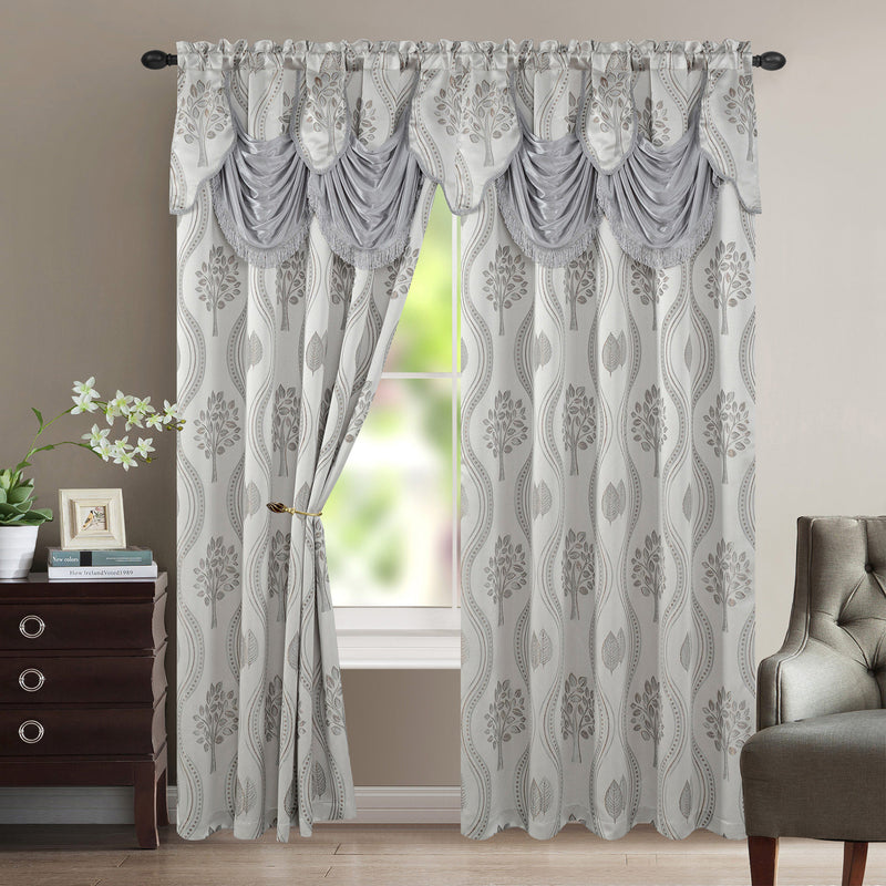 Aurora Tree Leaf Jacquard Window Panel with Attached Valance, Silver, 54x84 Inches
