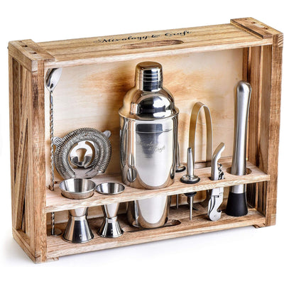 1 of 3:Mixology & Craft 11-Piece Bartender Kit with Wood Stand Crate, Silver 