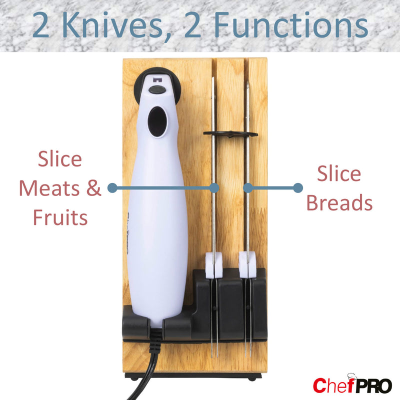 Chef PRO Serrated Carving Electric Knife Set With Wooden Storage Tray, with 2 Stainless Steel Blades