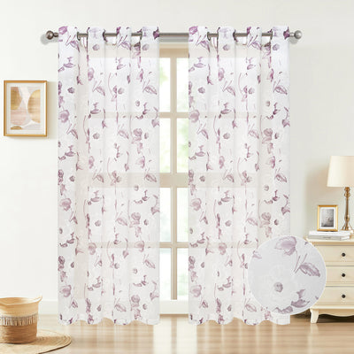 3 of 6:Loro Sheer Floral Printed Grommet Window Curtain Panel, 54x84 Inches 
