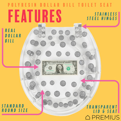 2 of 7:PREMIUS Polyresin Dollar Bill & Coins Money Toilet Seat, Clear, Standard Round, 17 Inches 
