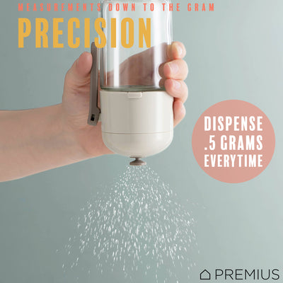 3 of 8:PREMIUS Glass Precision Quantative Spice Dispenser, White, 8.45 Ounces 