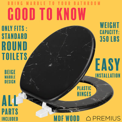 7 of 7:PREMIUS Printed MDF Wood Round Toilet Seat with Plastic Hinges, Black Marble, Standard 17 Inches 
