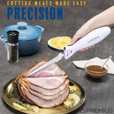 8 of 9:PREMIUS Serrated Carving Electric Knife Set With Wooden Storage Tray, with 2 Stainless Steel Blades 