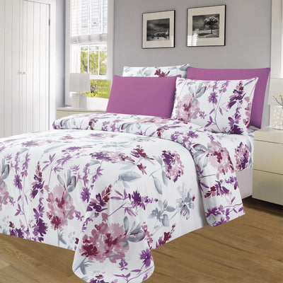 4 of 4:Essentials Neutral 4 & 6 Piece Printed Wrinkle-Free Sheet Set, Lavender Garden 