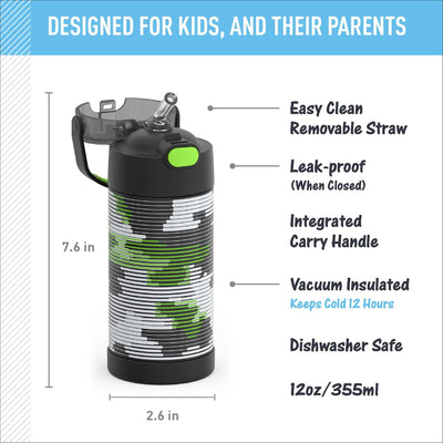 2 of 4:Thermos Kids Water Bottle Vacuum Insulated Stainless Steel with Straw, Camo, 12 Ounces 