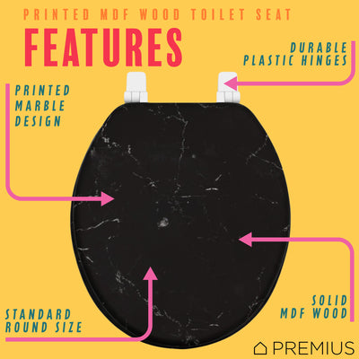 2 of 7:PREMIUS Printed MDF Wood Round Toilet Seat with Plastic Hinges, Black Marble, Standard 17 Inches 