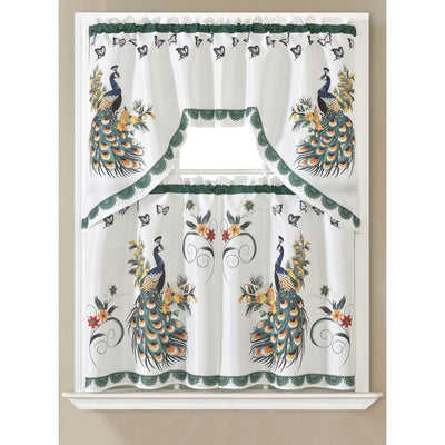 1 of 1:Ensemble de rideaux de cuisine 3D Kiera Peacock, vert, cantonnière 60 x 36, niveaux 30 x 36 pouces 