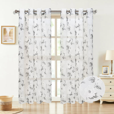 6 of 6:Loro Sheer Floral Printed Grommet Window Curtain Panel, 54x84 Inches 