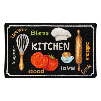 1 of 1:Bless Culinary Theme Non-Slip Kitchen Mat, Black, 18x30 Inches 